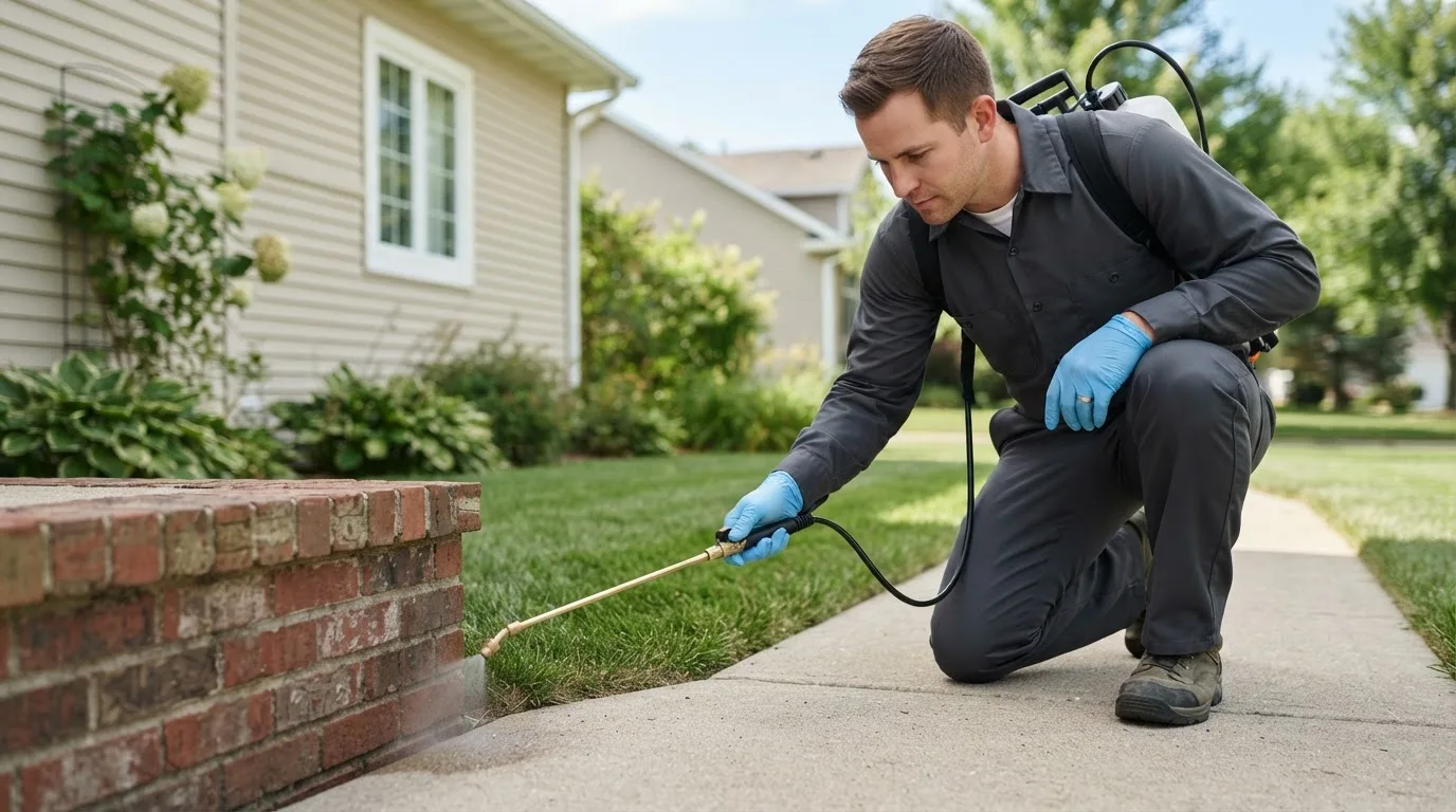 Pest control technician treating a home near Wheelersburg, OH
