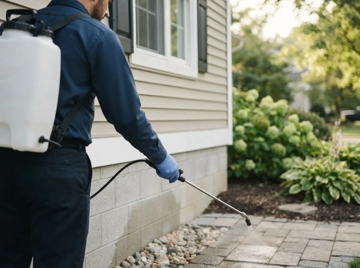 Pest control technician inspecting a home in Wheelersburg, OH